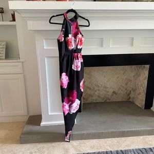 Black floral print asymmetrical dress